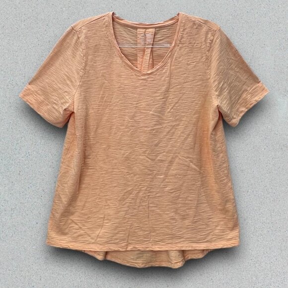 Chicos Slub V-Neck Tee Womens Large Peach Orange Pleated Back Cotton Modal Blend - Picture 7 of 10